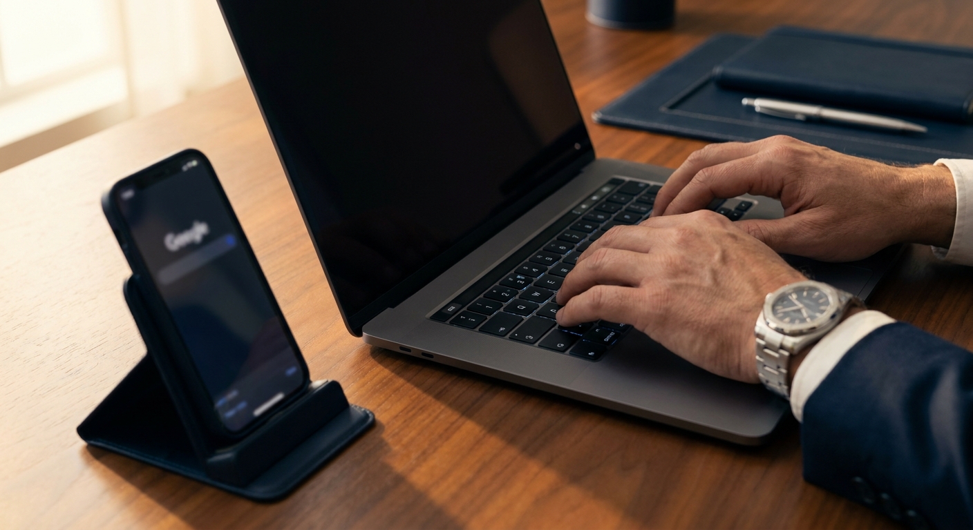 Hands typing on a laptop with phone showing a search interface beside it