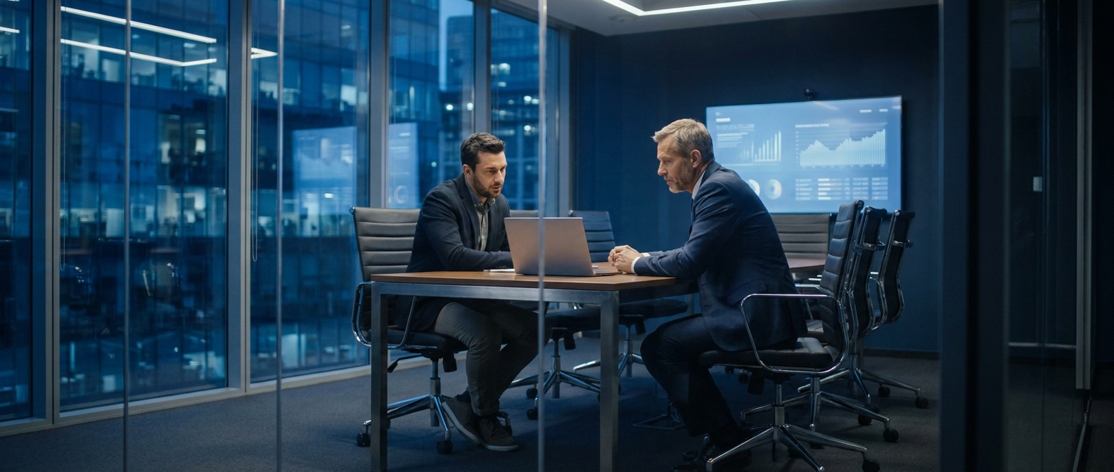 Account manager and executive reviewing a laptop together in a modern boardroom