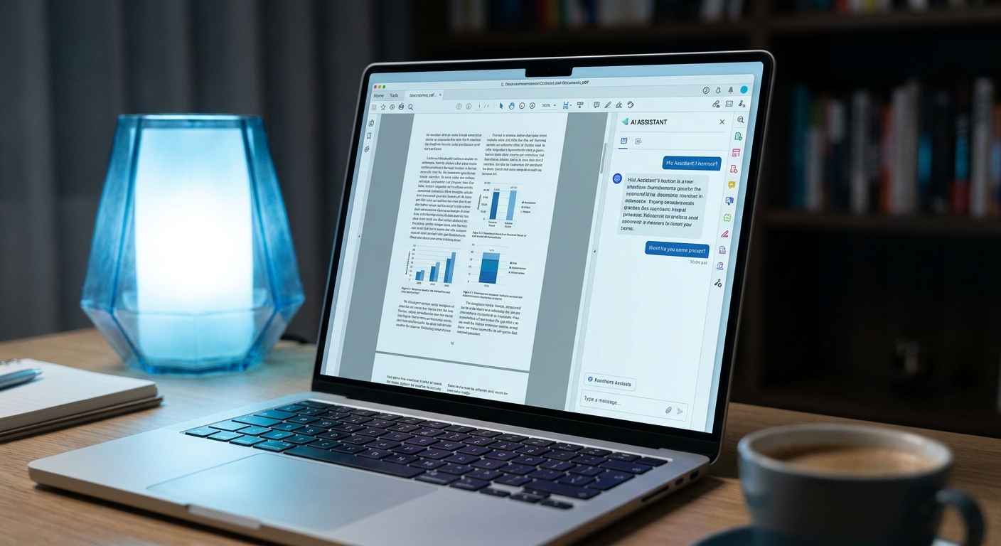 Long PDF document open alongside a Claude or Gemini chat interface on a laptop