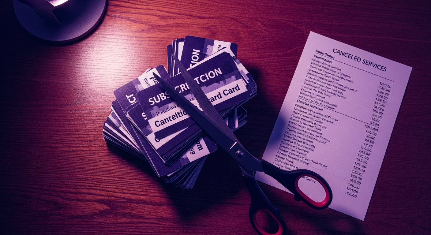 Scissors cutting through subscription cards representing cancellation of unused services