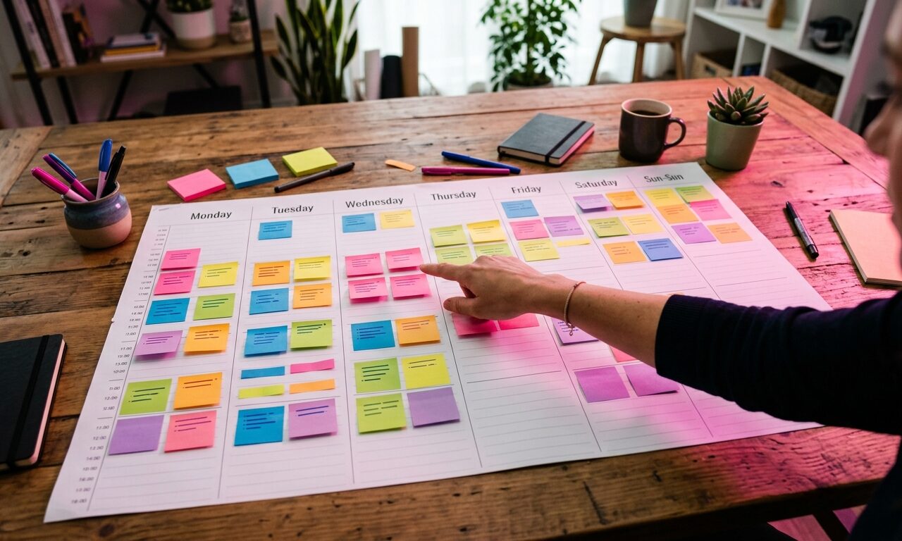 Weekly content calendar spread on a desk with colorful sticky notes in each day column
