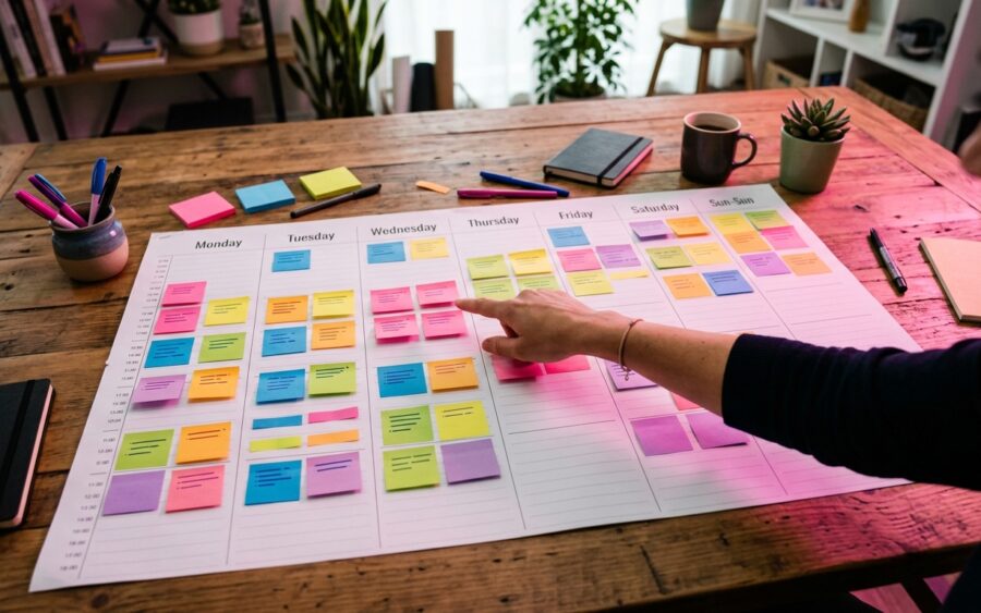 Weekly content calendar spread on a desk with colorful sticky notes in each day column
