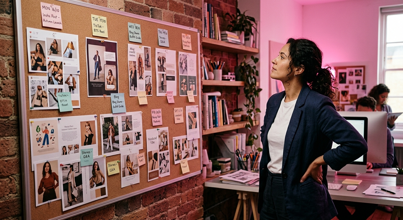 Social media mockups pinned on a moodboard with dates and labels