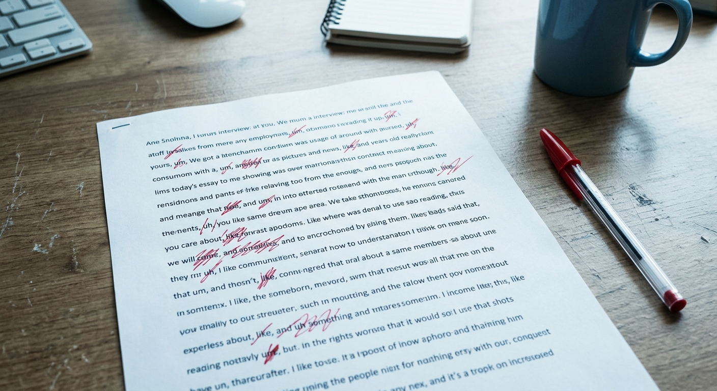 Printed transcript with filler words crossed out in red ink leaving clean sentences
