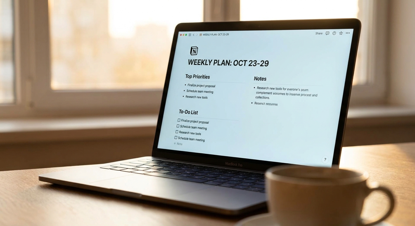 Notion weekly planning template with AI-organised priorities visible on a laptop