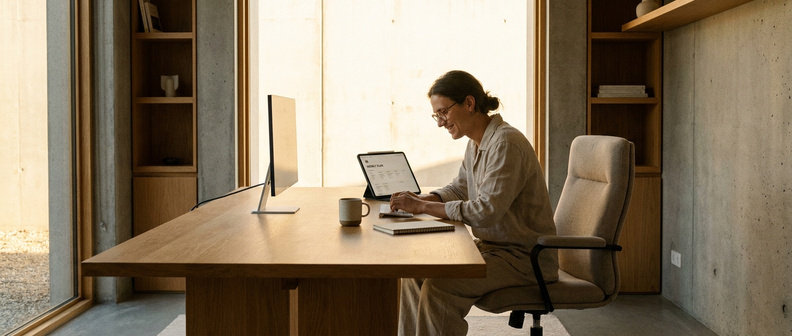 Completed weekly work summary in Notion open on a clean desk workspace