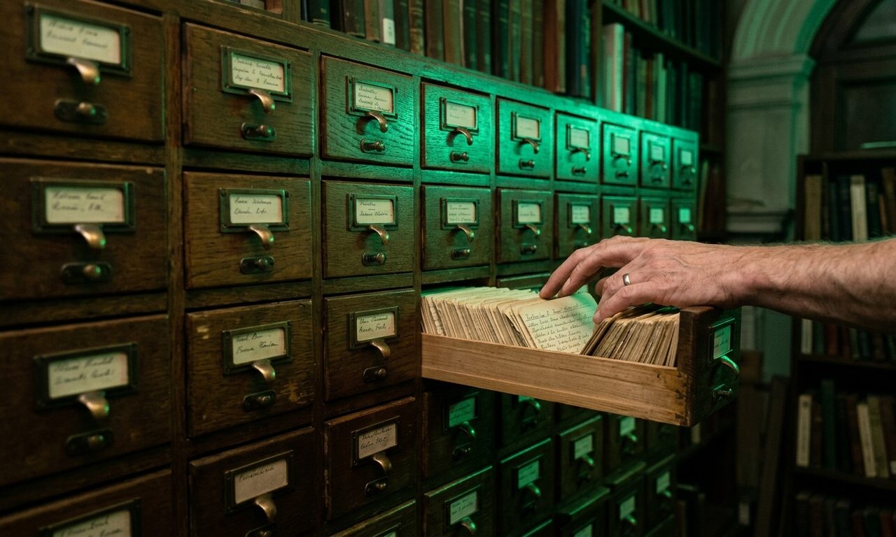 Vintage library card catalog with one drawer open showing handwritten index cards
