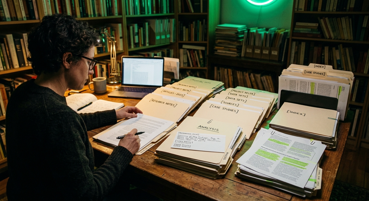 Personal research archive with labeled folders and organized article clippings