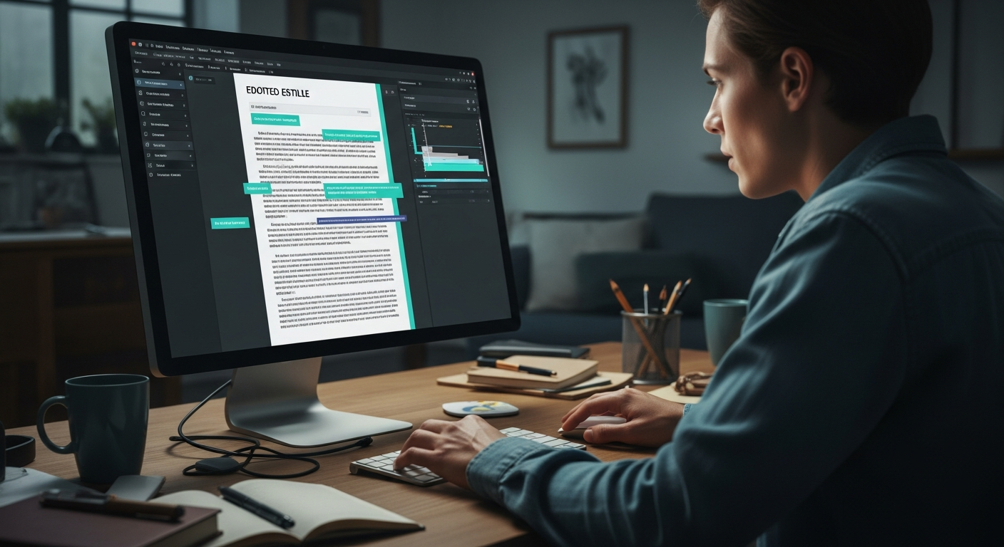Writer editing AI-generated content at a monitor