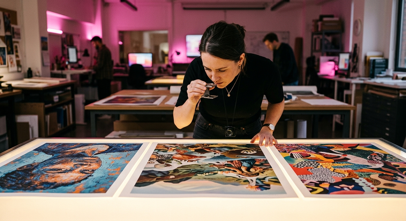 Art director comparing three printed artworks on a light table with a loupe