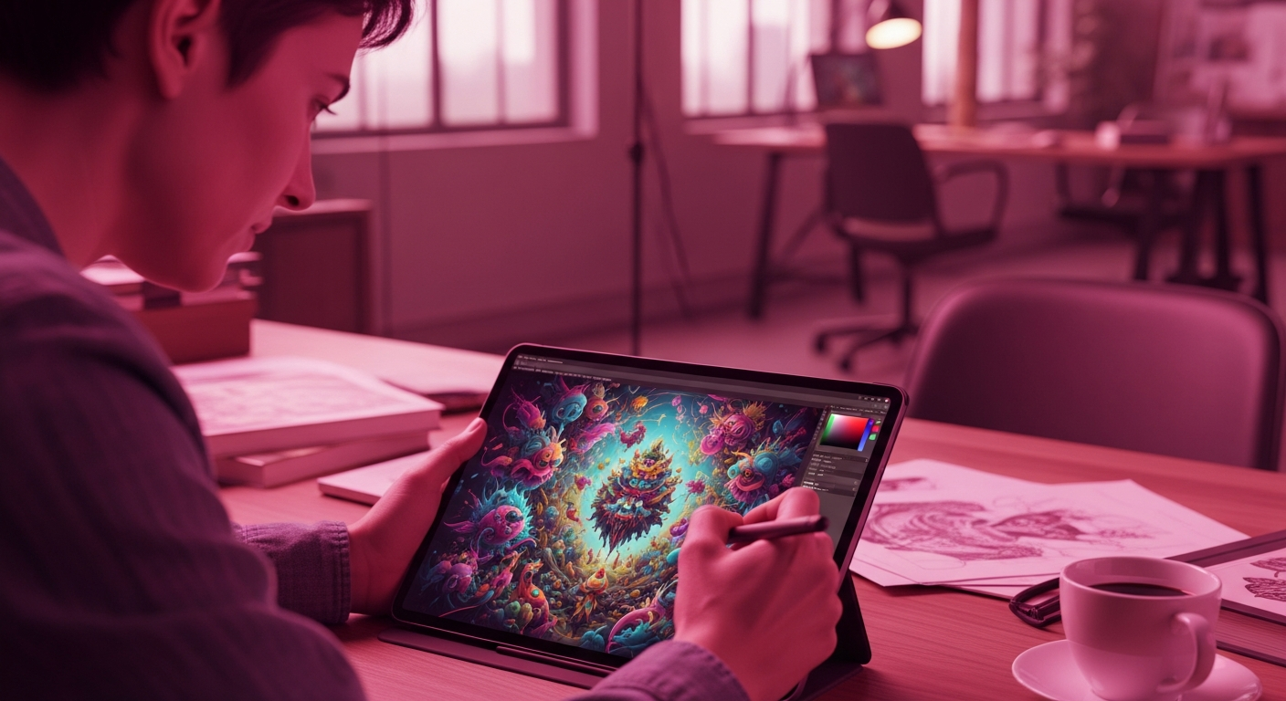 Creative professional refining AI-generated art on a drawing tablet