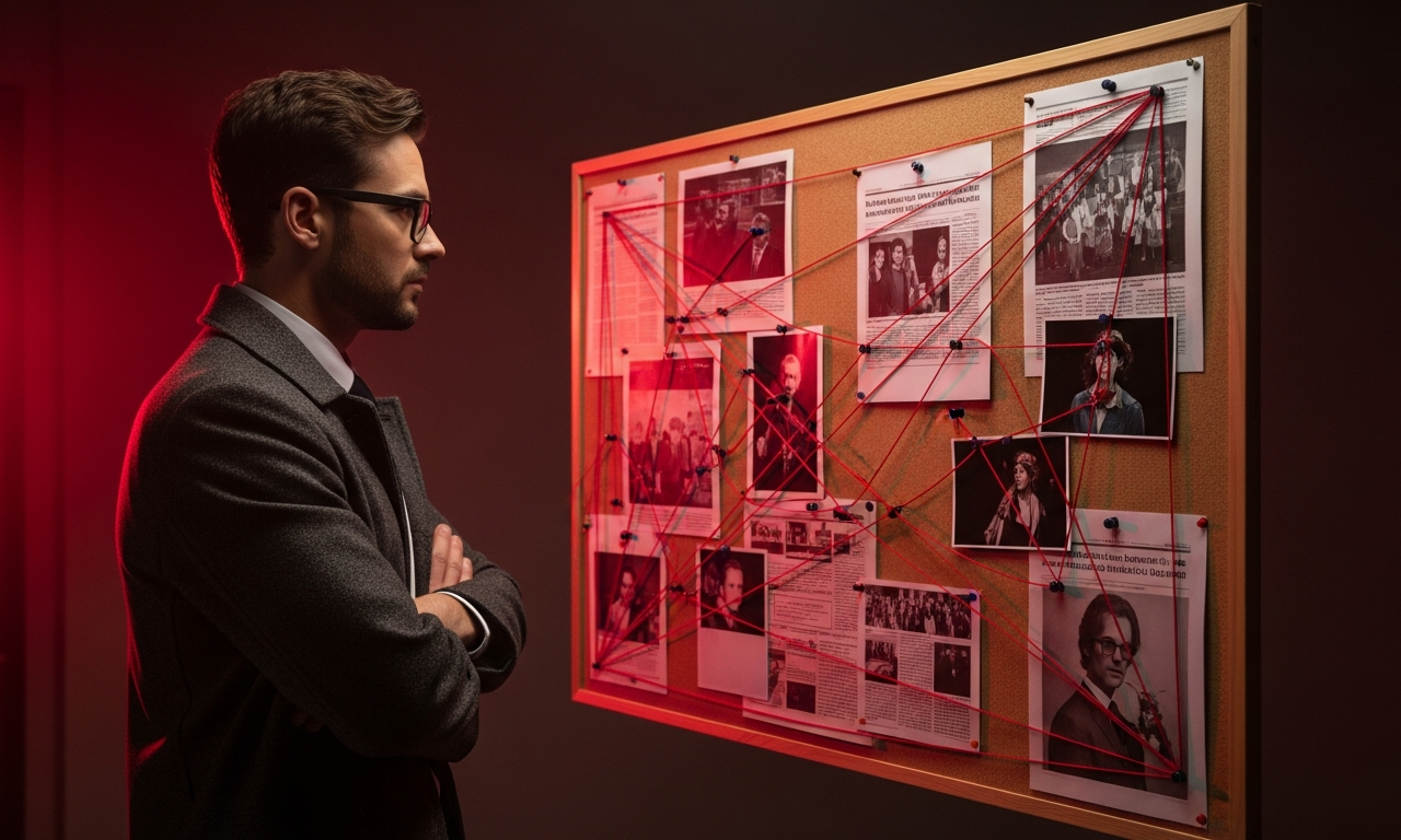 Detective studying a corkboard with red string connections representing different research methods