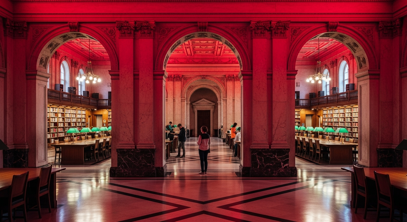 Grand library hallway with two reading rooms as archways representing different search paths