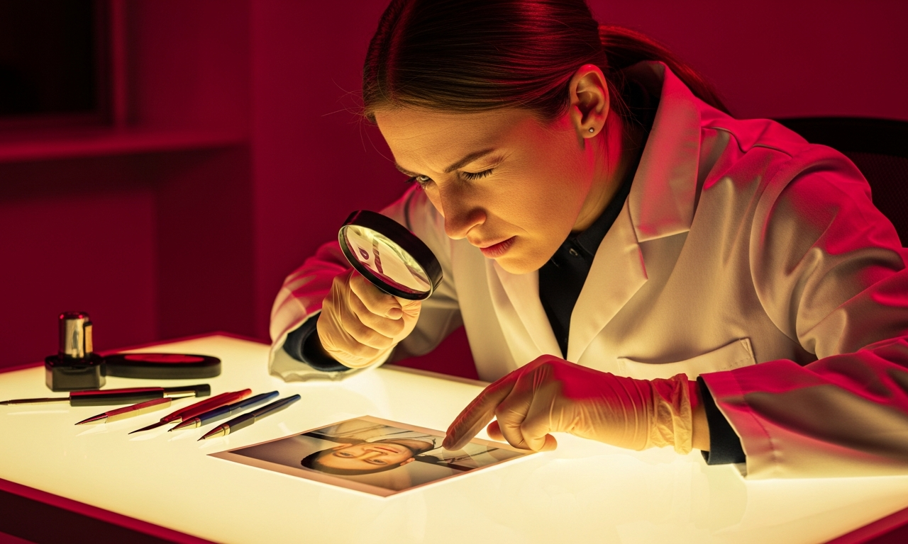 Forensic examiner using a magnifying glass to detect flaws in a photograph