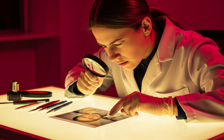Forensic examiner using a magnifying glass to detect flaws in a photograph