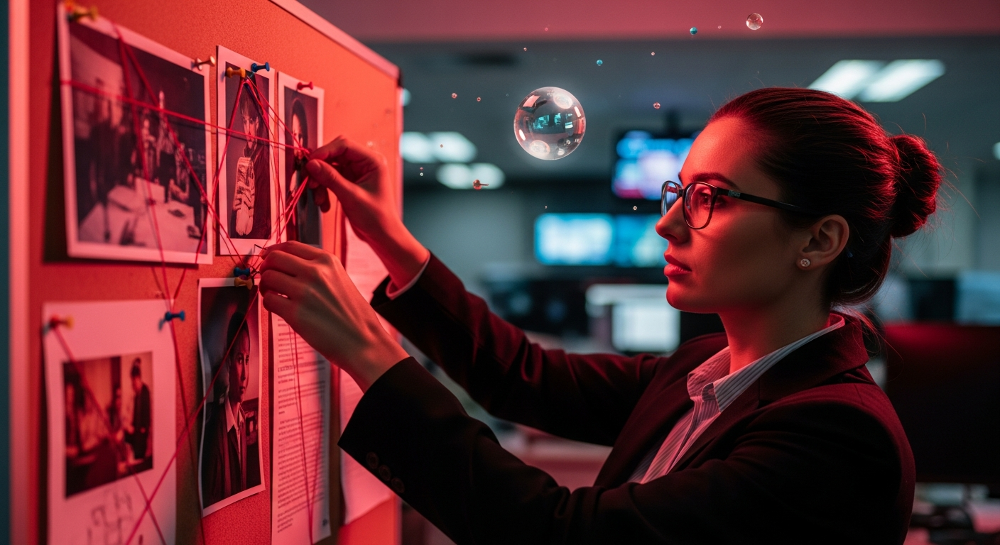 Fact-checker pinning photos and documents on a corkboard with red string