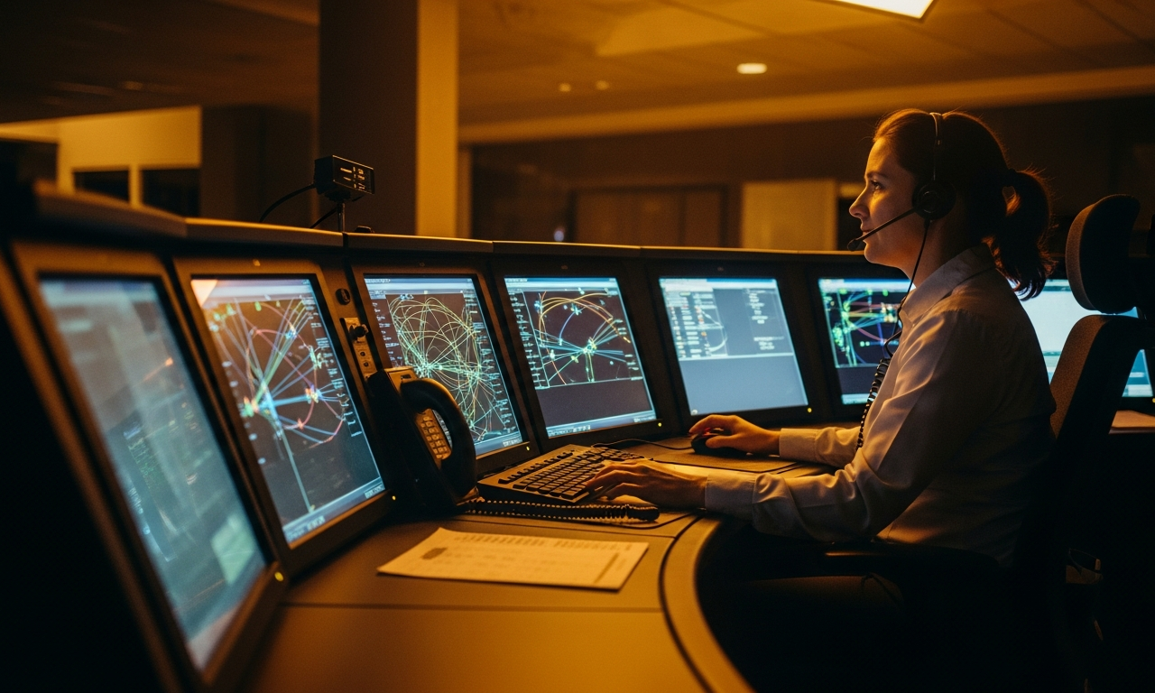 Air traffic controller managing multiple radar screens, a metaphor for agentic AI orchestration