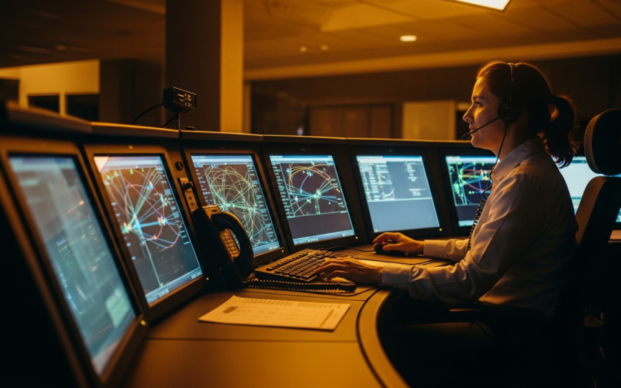 Air traffic controller managing multiple radar screens, a metaphor for agentic AI orchestration