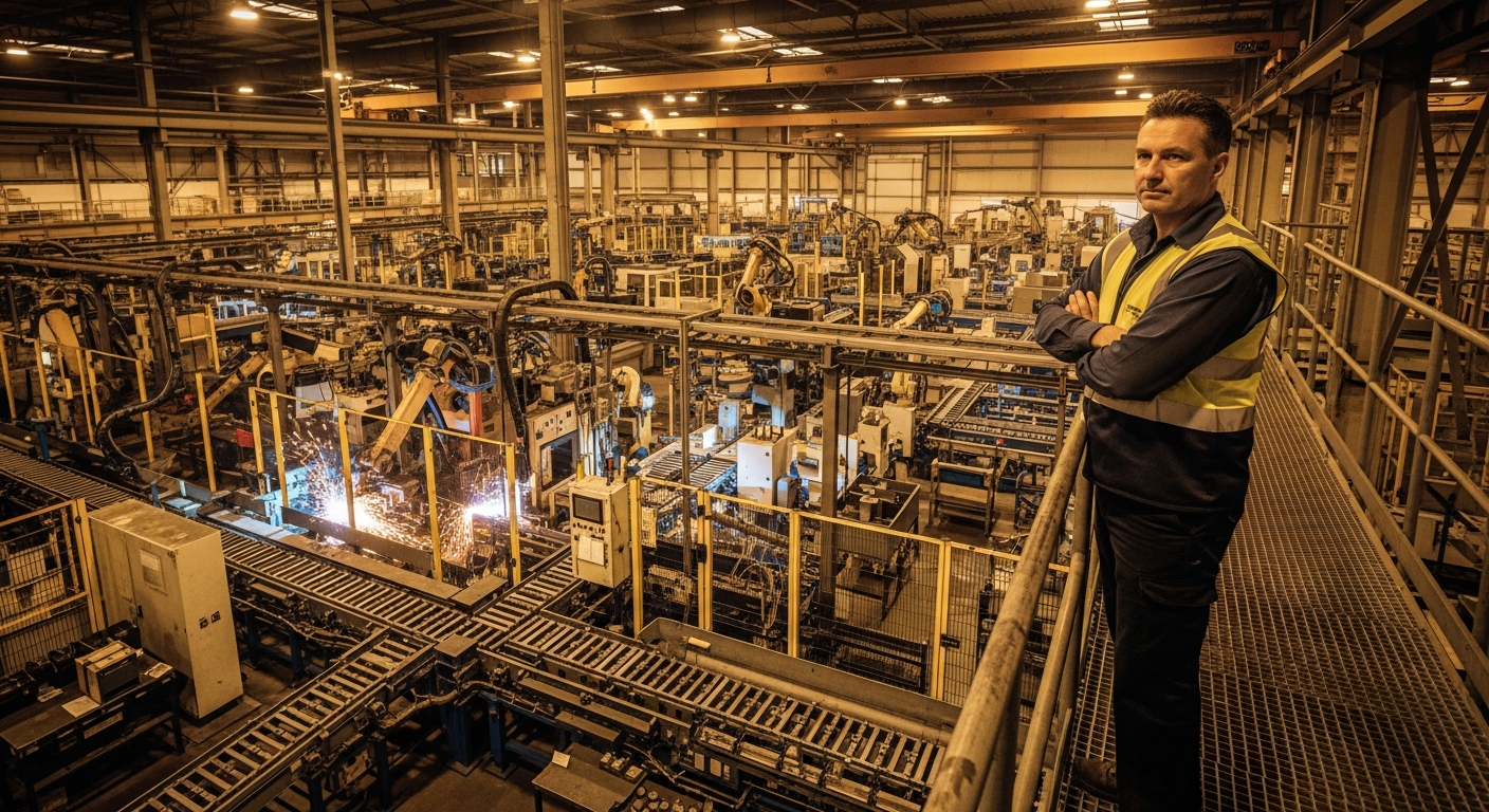 Factory supervisor overseeing automated machines working in sequence