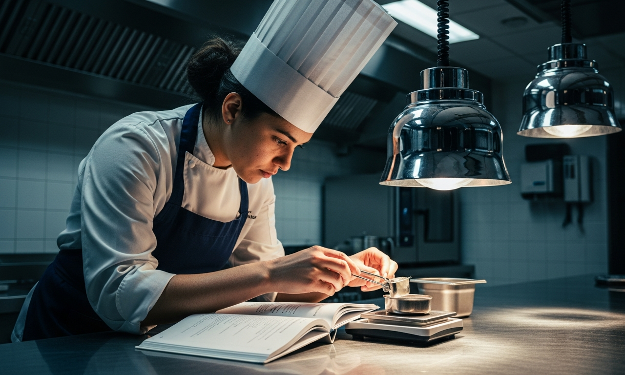 Master chef precisely measuring ingredients with a scale, a metaphor for prompt engineering
