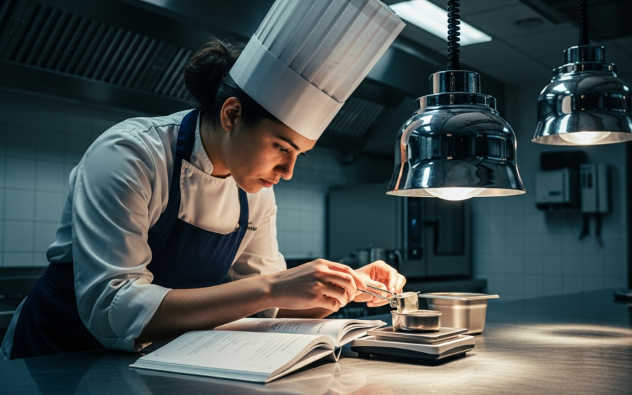 Master chef precisely measuring ingredients with a scale, a metaphor for prompt engineering