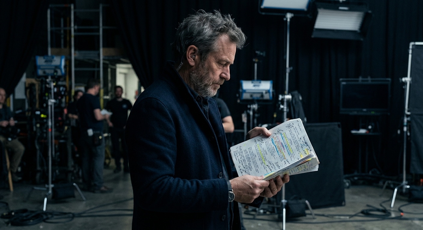 Film director reviewing an annotated screenplay on set before filming