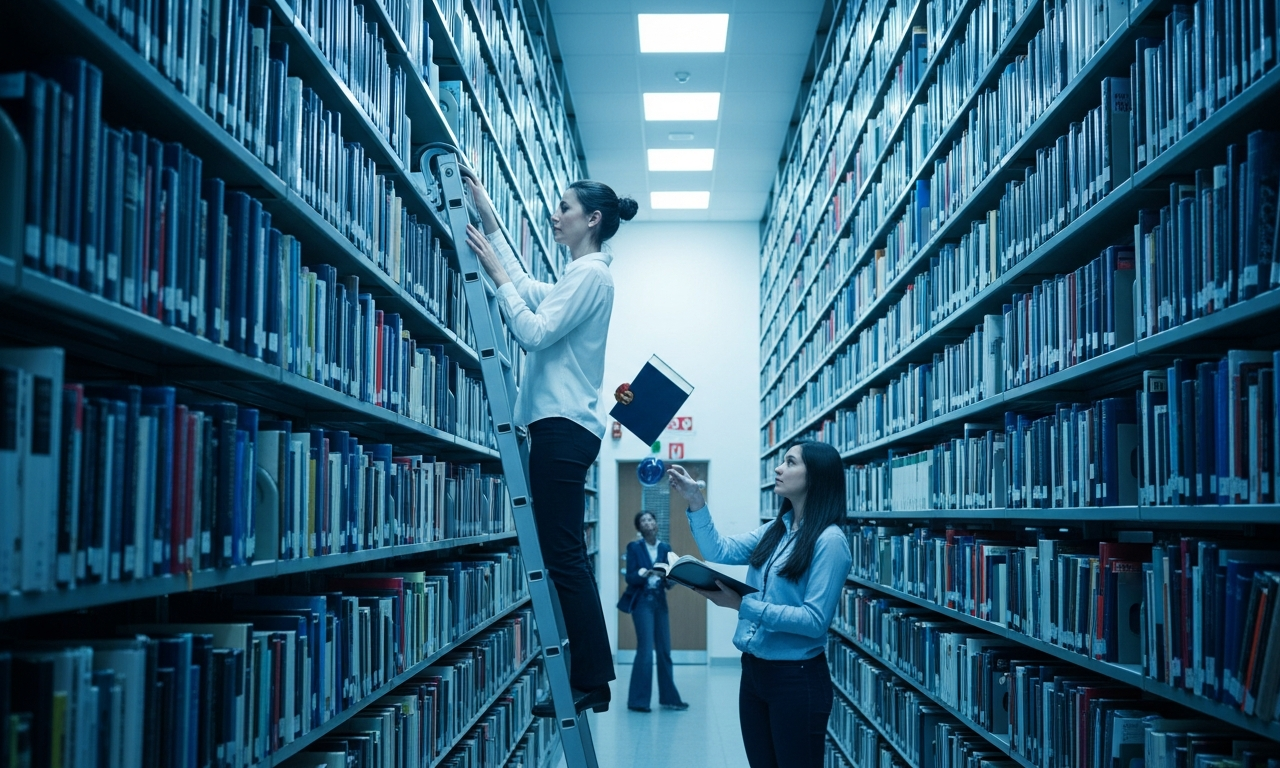 Librarian on a library ladder retrieving one specific book from a vast archive for a student