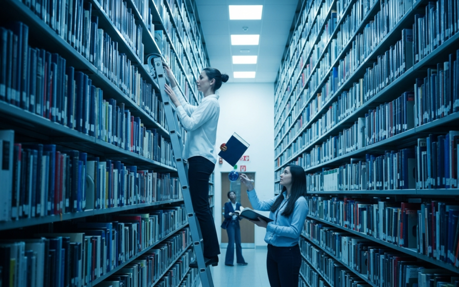 Librarian on a library ladder retrieving one specific book from a vast archive for a student