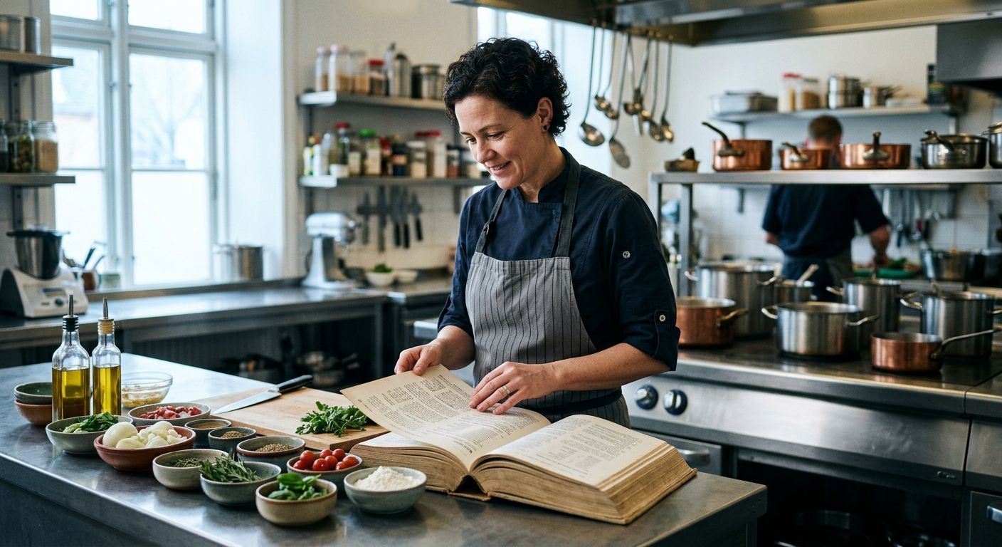 Chef consulting a specific recipe in a culinary reference book before cooking