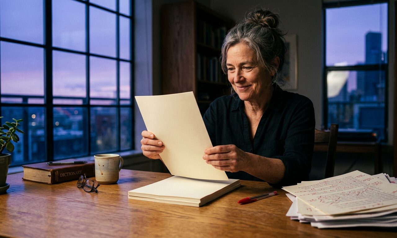 Copy editor lifting a polished manuscript beside a discarded earlier draft