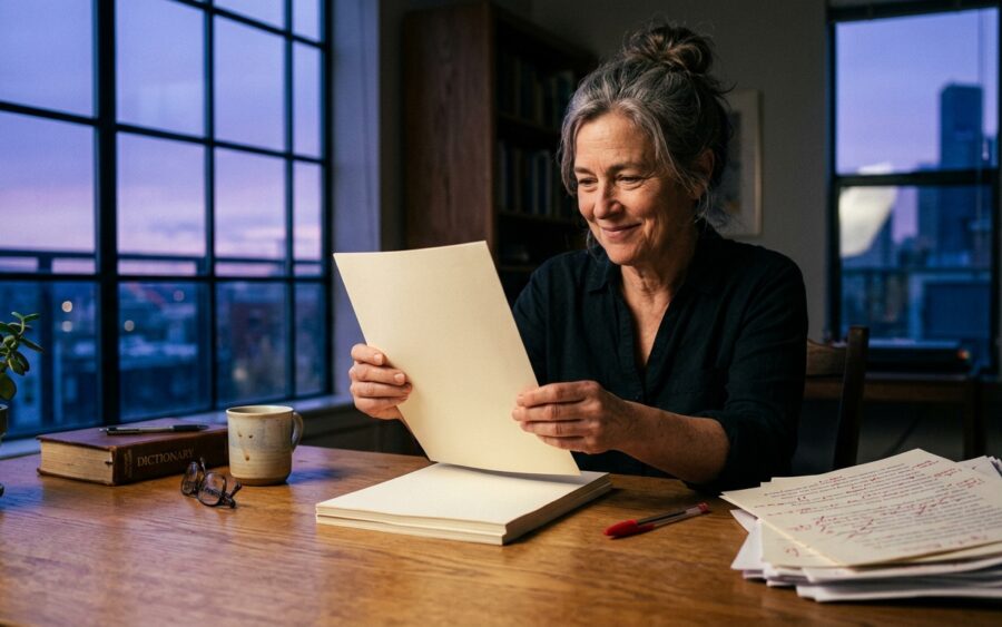 Copy editor lifting a polished manuscript beside a discarded earlier draft