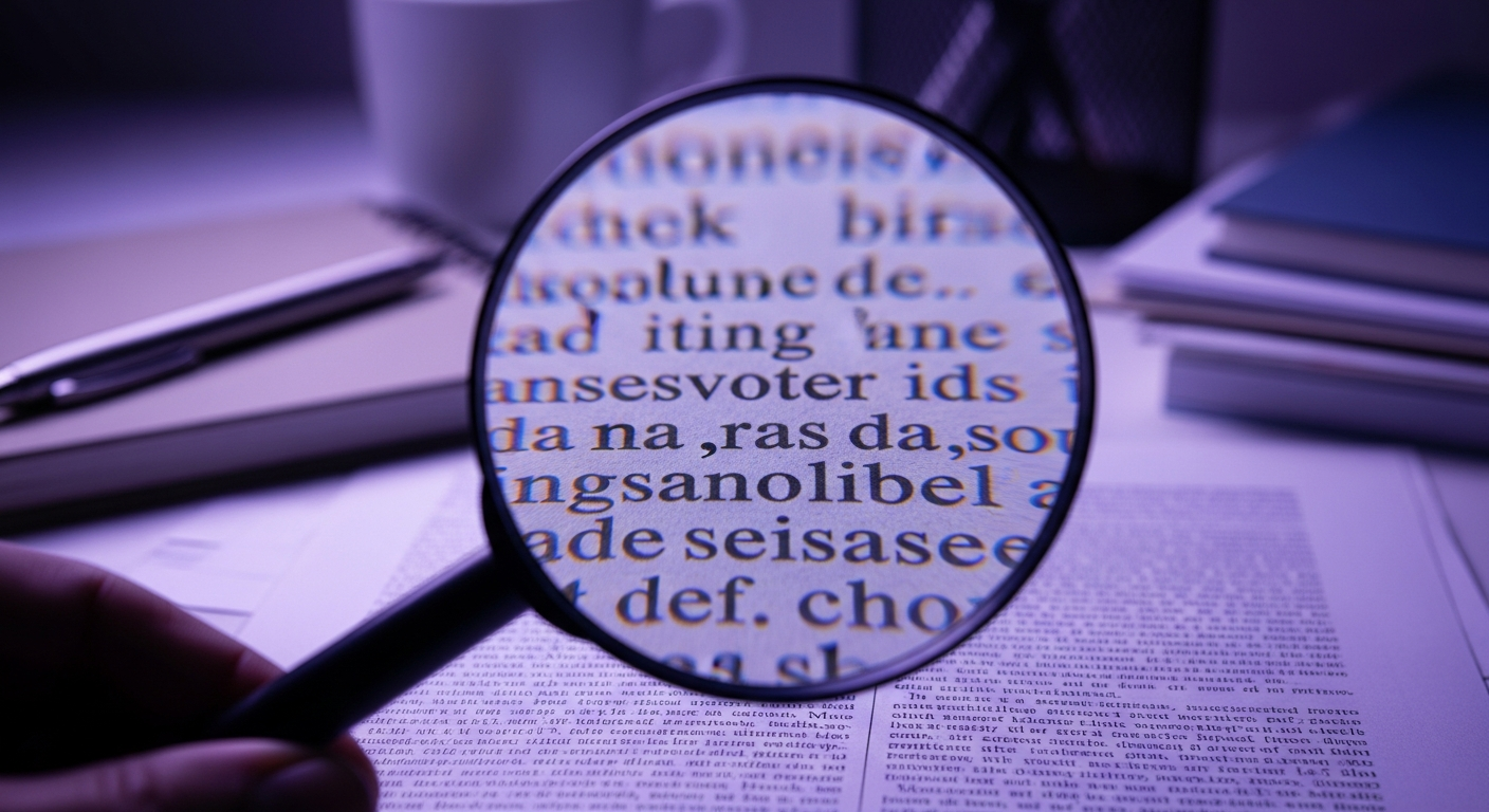 Magnifying glass over fine print text on a manuscript page revealing a subtle error