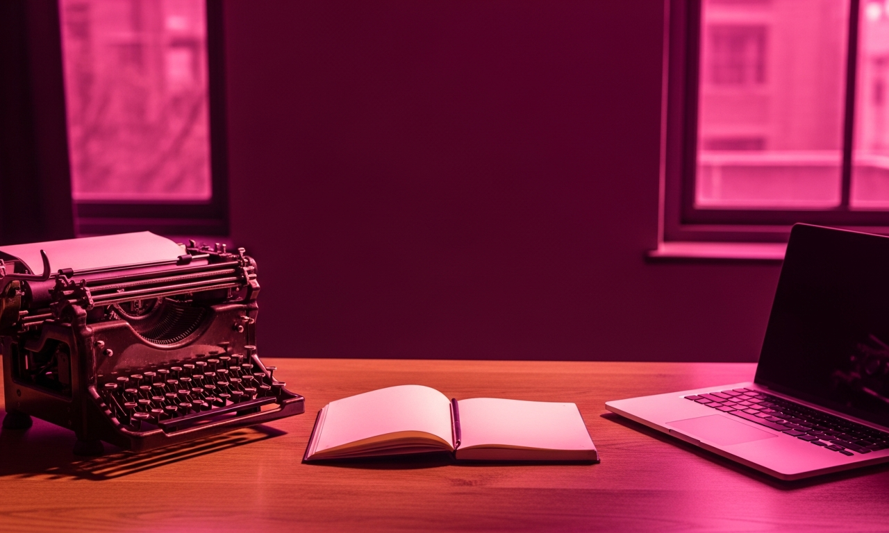 Vintage typewriter and modern laptop facing each other on a writing desk
