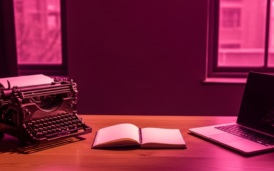 Vintage typewriter and modern laptop facing each other on a writing desk