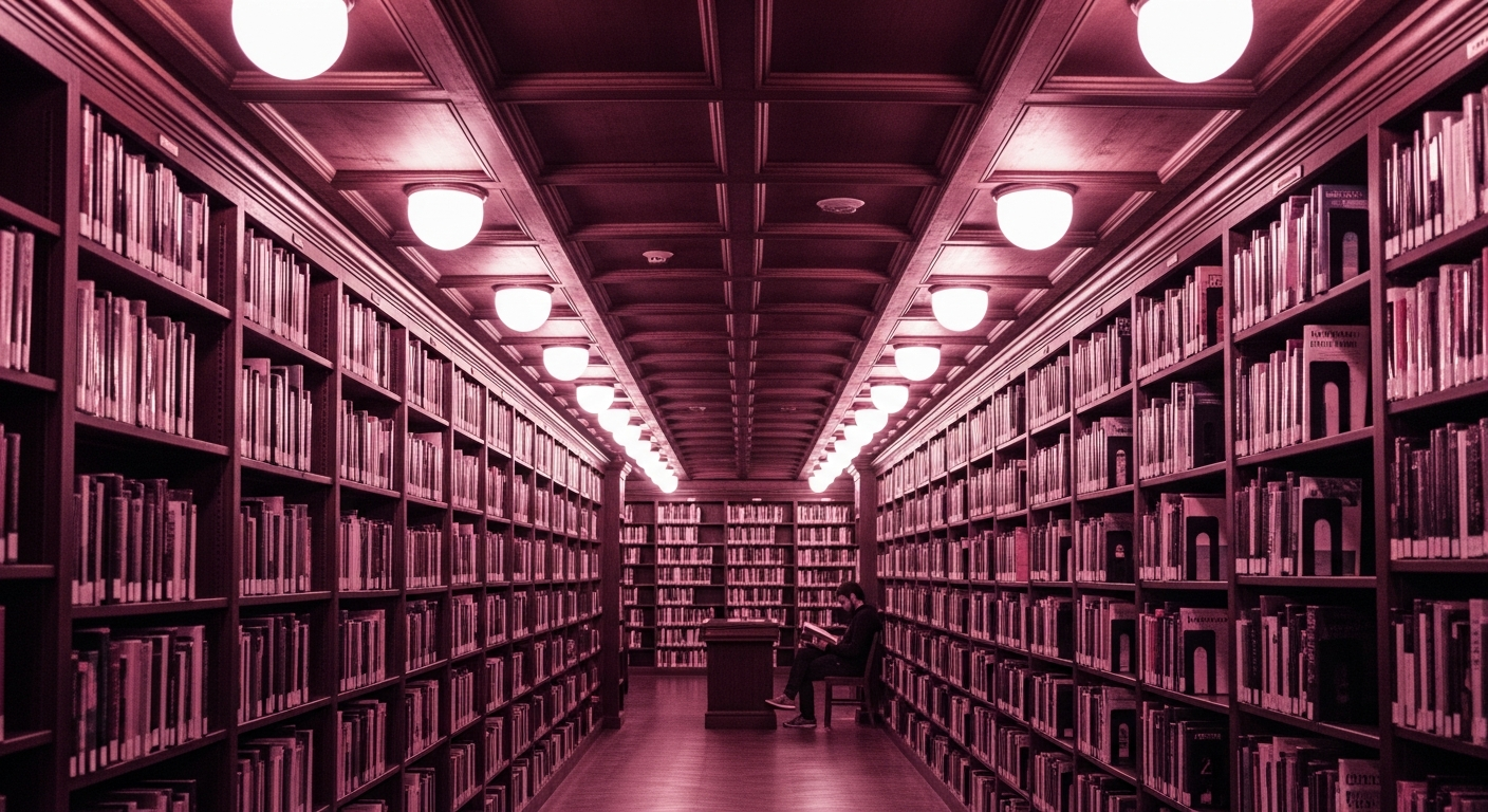 Grand library aisle with floor-to-ceiling bookshelves and solitary reader