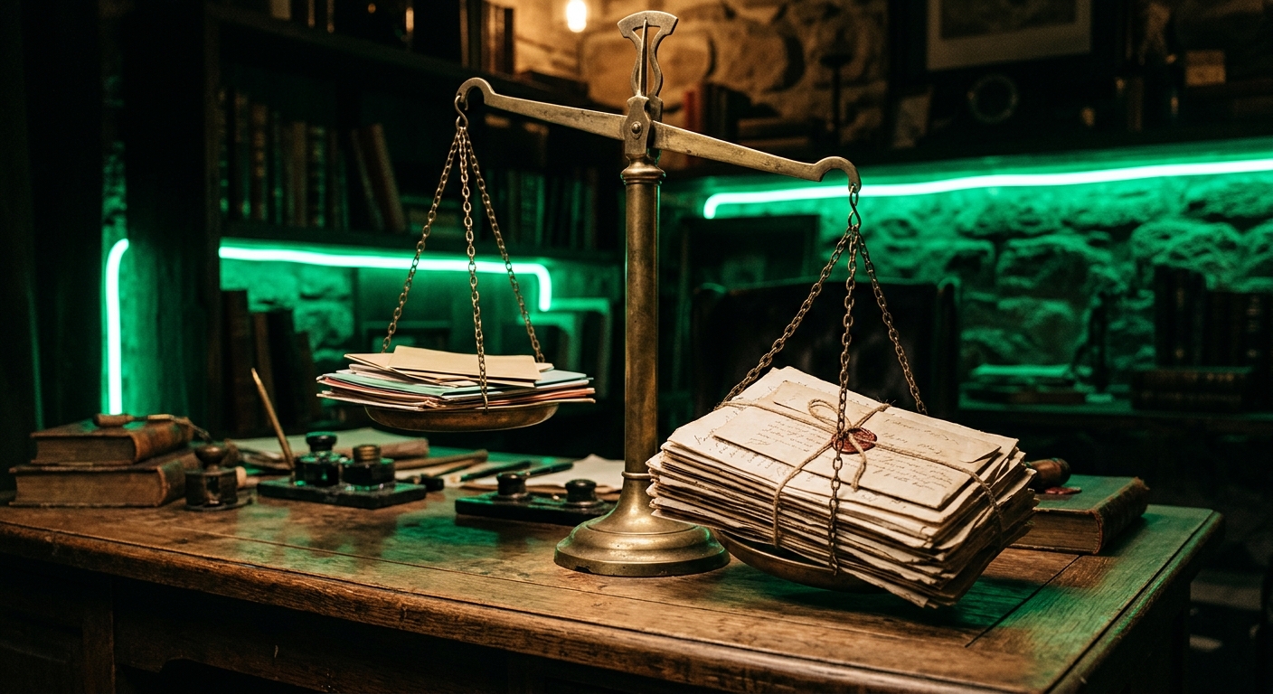 Antique brass balance scale tipping representing the balance between AI and human jobs
