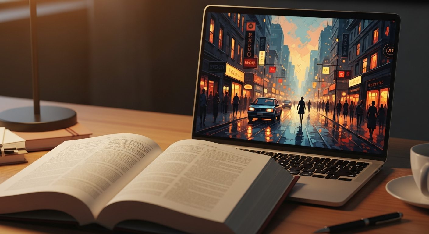 Legal reference books beside a laptop showing AI-generated creative work