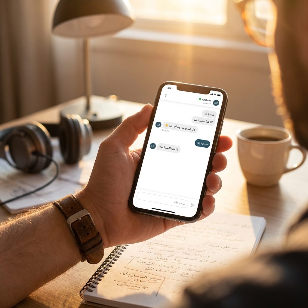 Smartphone showing AI chatbot conversation in Arabic for podcast planning