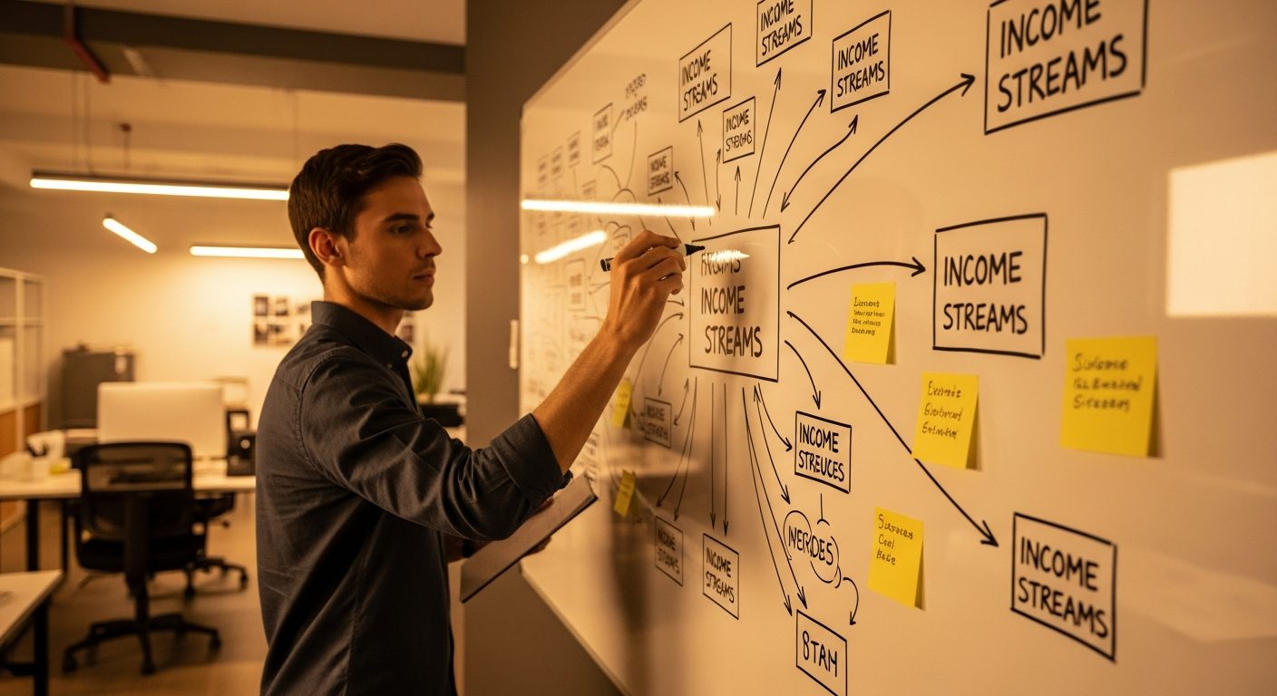 Mapping out multiple content income streams on a whiteboard