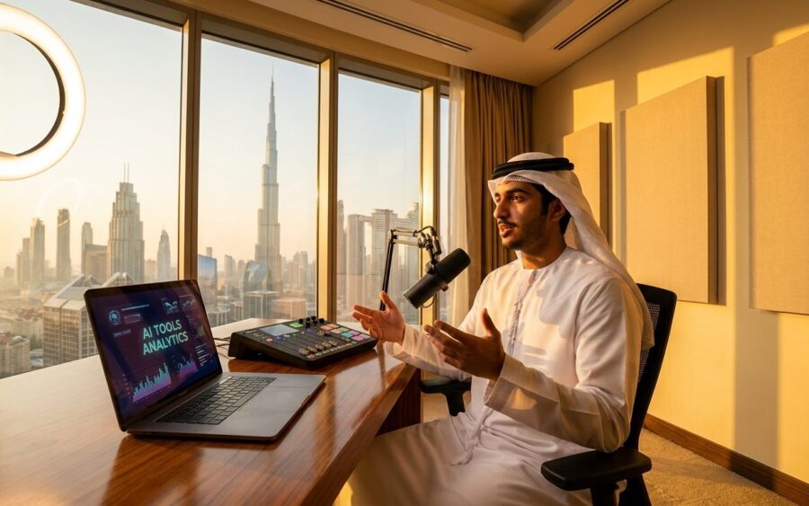 Arab content creator using AI tools in a modern podcast studio with warm golden lighting