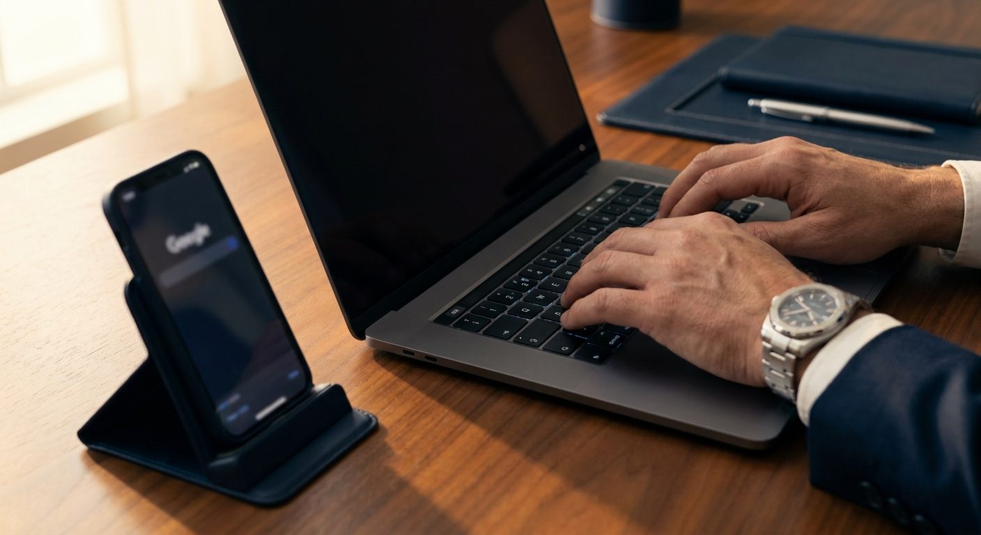 Hands typing on a laptop with phone showing a search interface beside it
