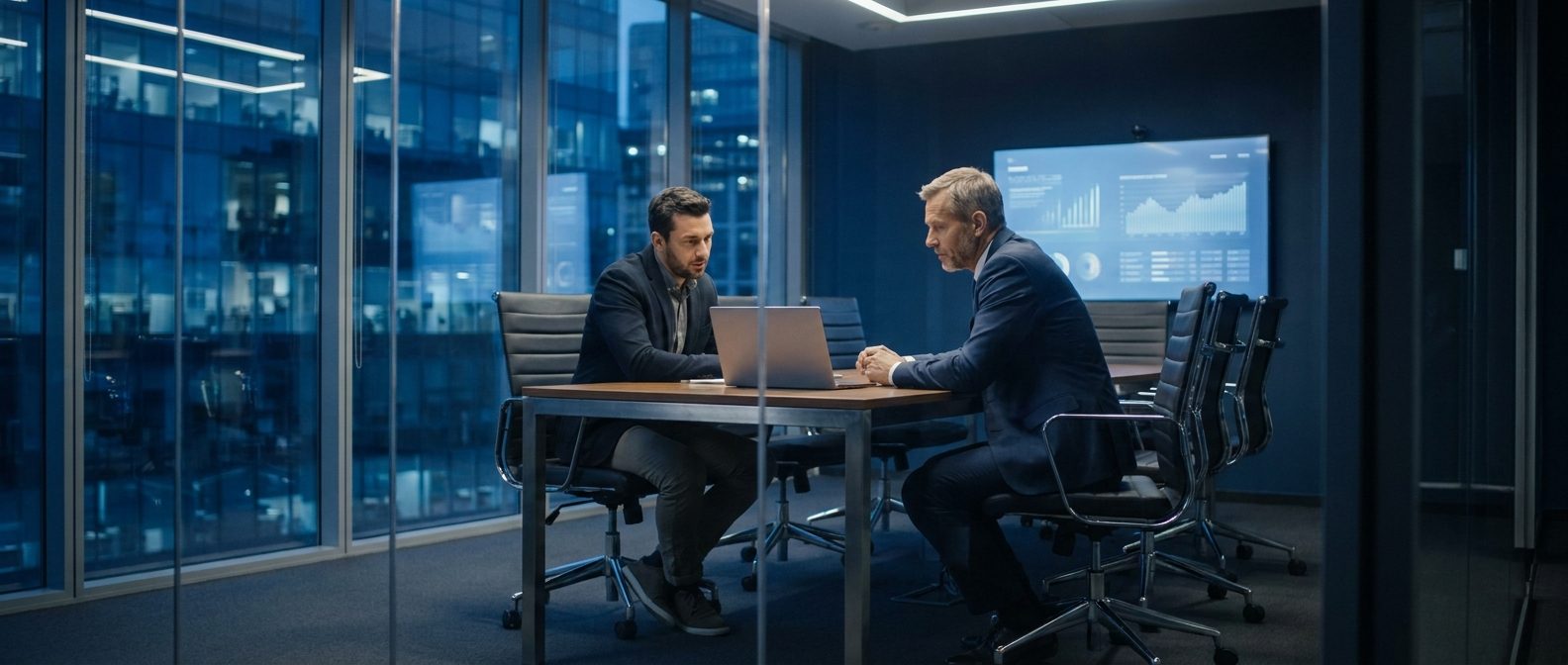 Account manager and executive reviewing a laptop together in a modern boardroom