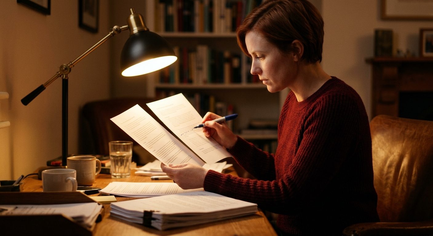 Reviewer comparing two printed document summaries side by side under a lamp
