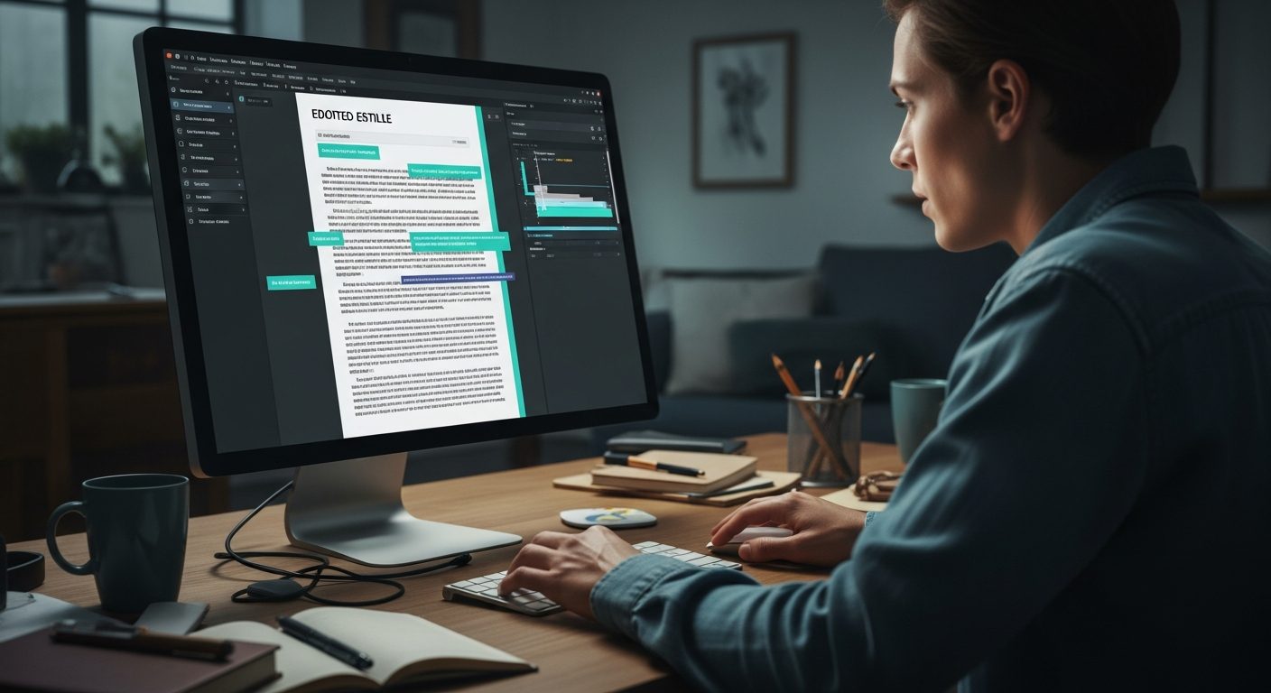Writer editing AI-generated content at a monitor