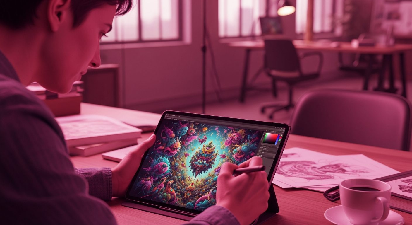 Creative professional refining AI-generated art on a drawing tablet