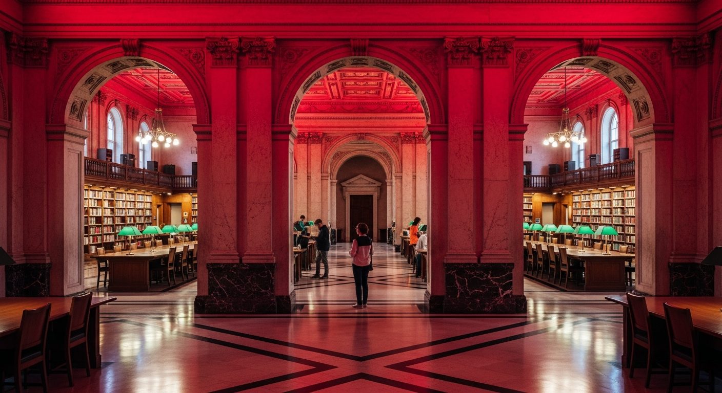 Grand library hallway with two reading rooms as archways representing different search paths