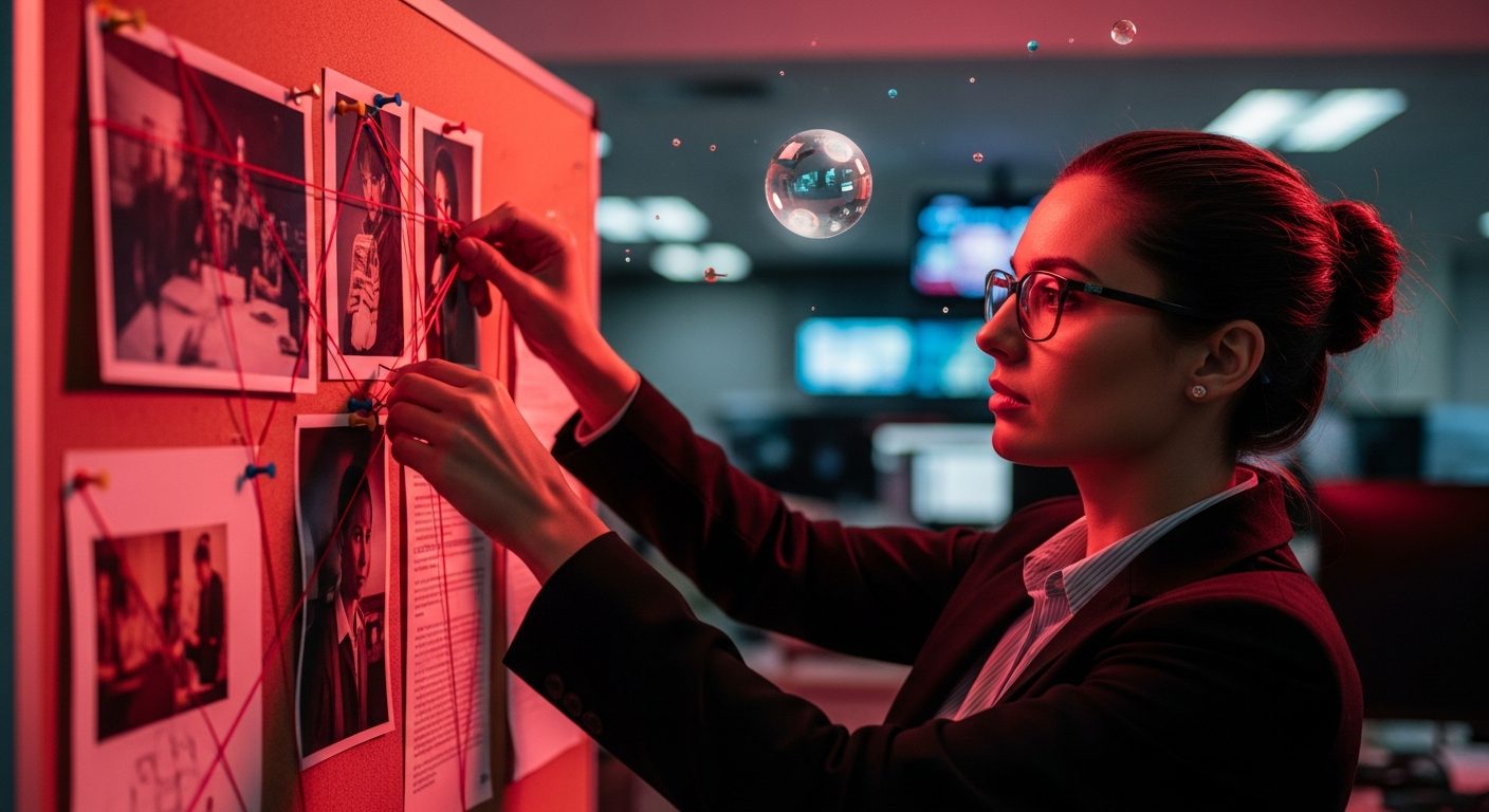 Fact-checker pinning photos and documents on a corkboard with red string