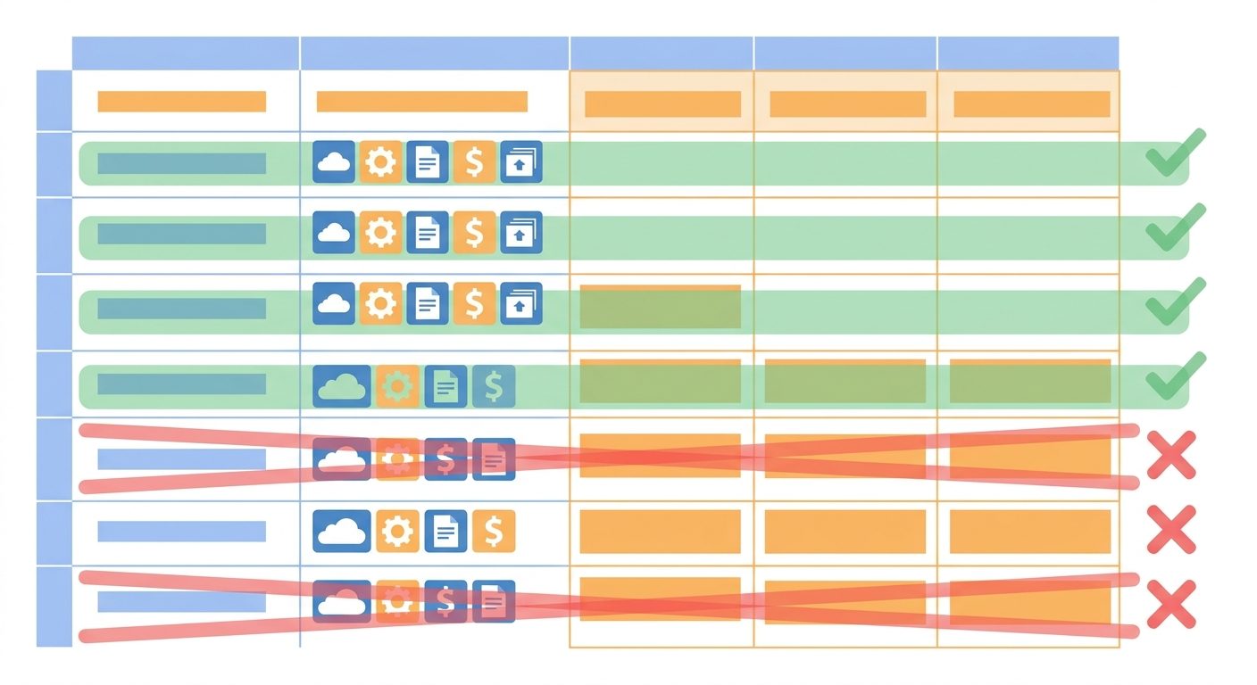 Visual of an AI subscription audit spreadsheet with kept and cancelled tools highlighted