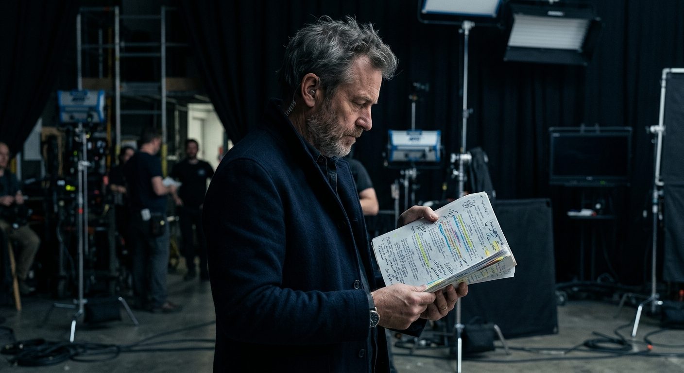 Film director reviewing an annotated screenplay on set before filming