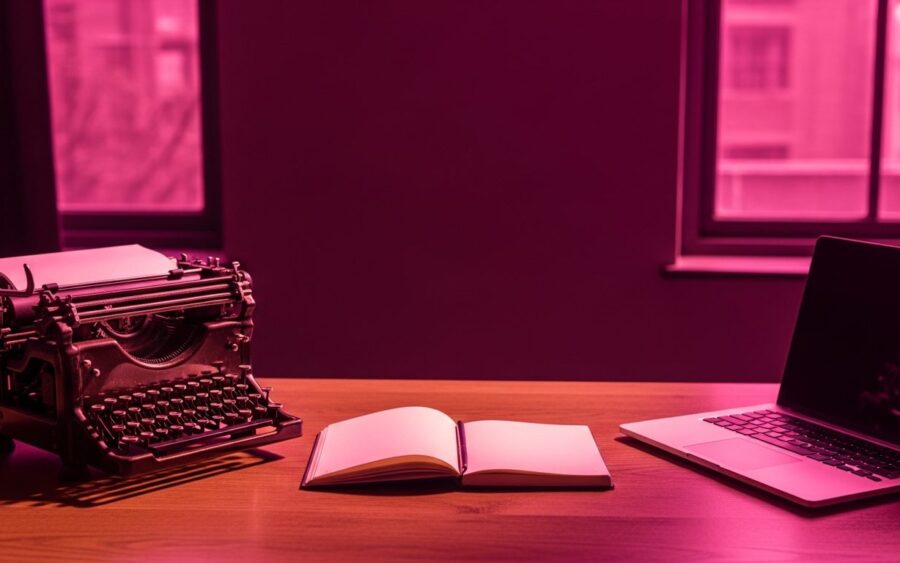 Vintage typewriter and modern laptop facing each other on a writing desk